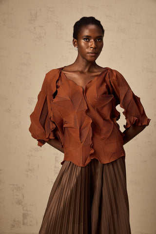 Demi Creased Top and Skirt Set — Brown