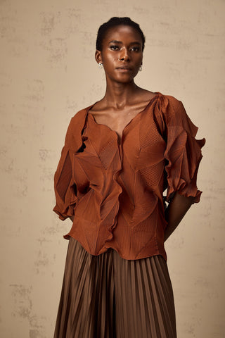Demi Creased Top and Skirt Set — Brown