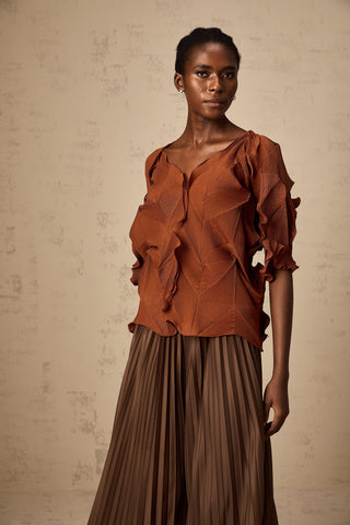 Demi Creased Top and Skirt Set — Brown