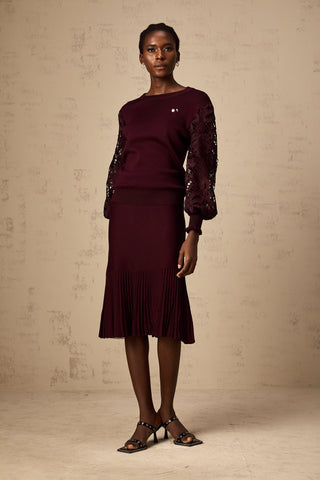 Doreen Knit Blouse and Skirt Set — Bordeaux Red