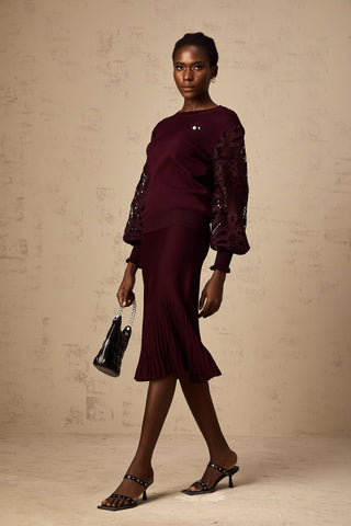 Doreen Knit Blouse and Skirt Set — Bordeaux Red