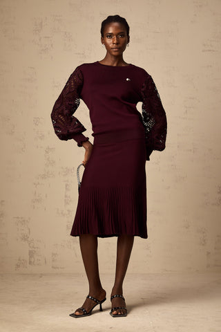 Doreen Knit Blouse and Skirt Set — Bordeaux Red
