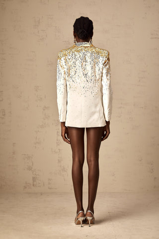 Carole Embroidered Double-Breasted Blazer — White & Gold