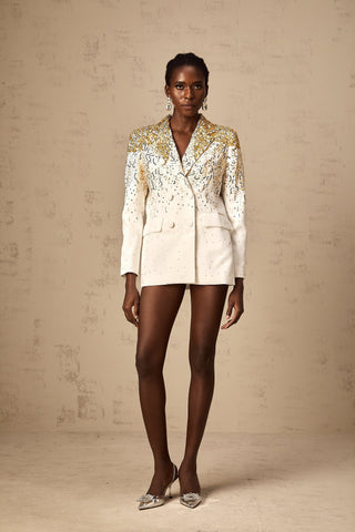 Carole Embroidered Double-Breasted Blazer — White & Gold