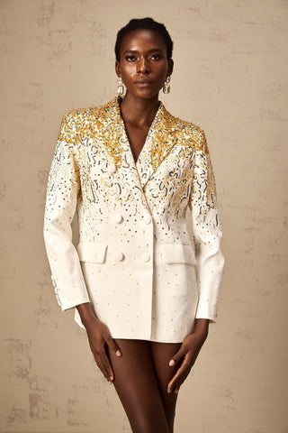 Carole Embroidered Double-Breasted Blazer — White & Gold