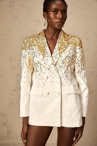 Carole Embroidered Double-Breasted Blazer — White & Gold