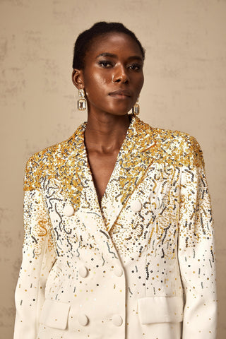 Carole Embroidered Double-Breasted Blazer — White & Gold