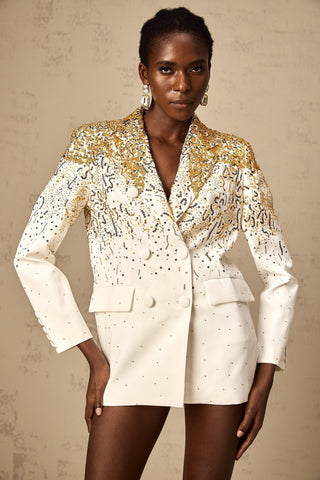 Carole Embroidered Double-Breasted Blazer — White & Gold