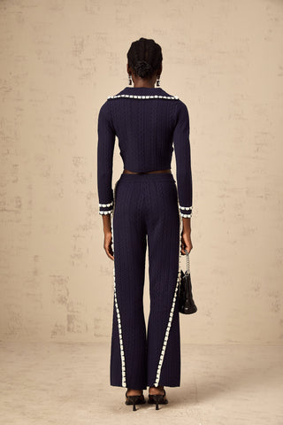 Elvira Crochet Knit Cardigan and Trousers Set — Navy & White