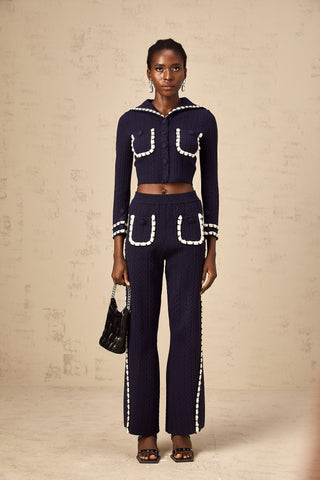 Elvira Crochet Knit Cardigan and Trousers Set — Navy & White