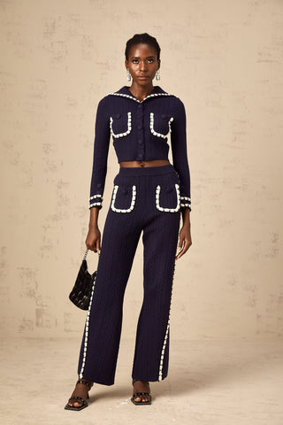 Elvira Crochet Knit Cardigan and Trousers Set — Navy & White
