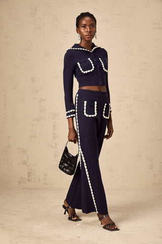 Elvira Crochet Knit Cardigan and Trousers Set — Navy & White