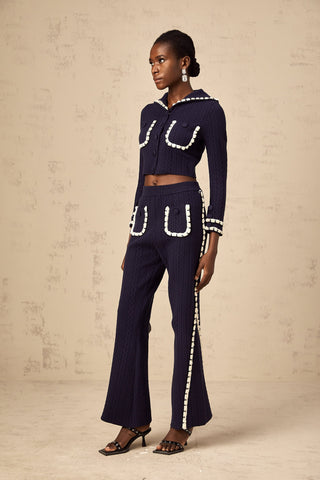 Elvira Crochet Knit Cardigan and Trousers Set — Navy & White