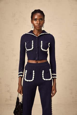 Elvira Crochet Knit Cardigan and Trousers Set — Navy & White