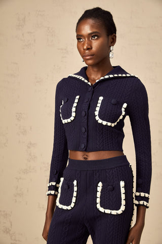 Elvira Crochet Knit Cardigan and Trousers Set — Navy & White