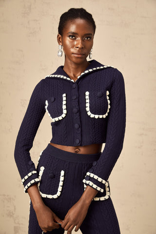 Elvira Crochet Knit Cardigan and Trousers Set — Navy & White