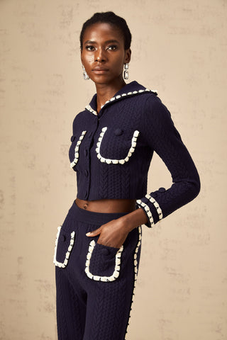Elvira Crochet Knit Cardigan and Trousers Set — Navy & White