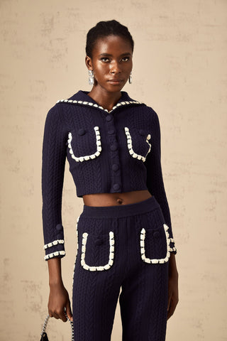 Elvira Crochet Knit Cardigan and Trousers Set — Navy & White