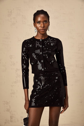 Iris Sequined Ribbed-Knit Cardigan and Skirt Set — Black
