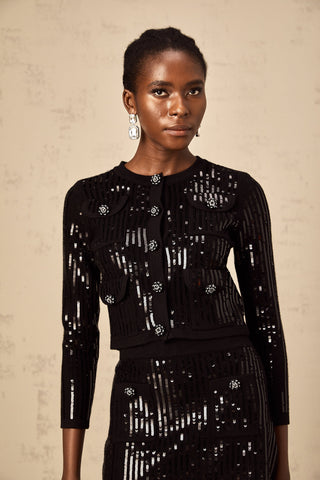 Iris Sequined Ribbed-Knit Cardigan and Skirt Set — Black