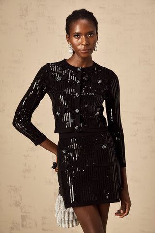 Iris Sequined Ribbed-Knit Cardigan and Skirt Set — Black