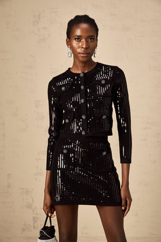 Iris Sequined Ribbed-Knit Cardigan and Skirt Set — Black