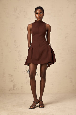 Dora Asymmetric Puff-Skirt Mini Dress — Brown
