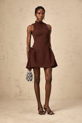Dora Asymmetric Puff-Skirt Mini Dress — Brown