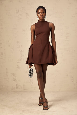 Dora Asymmetric Puff-Skirt Mini Dress — Brown