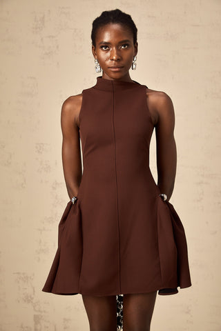 Dora Asymmetric Puff-Skirt Mini Dress — Brown
