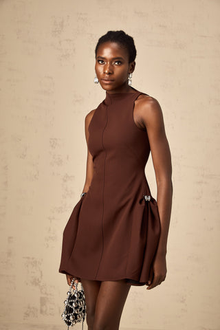 Dora Asymmetric Puff-Skirt Mini Dress — Brown