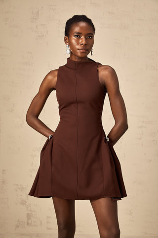 Dora Asymmetric Puff-Skirt Mini Dress — Brown