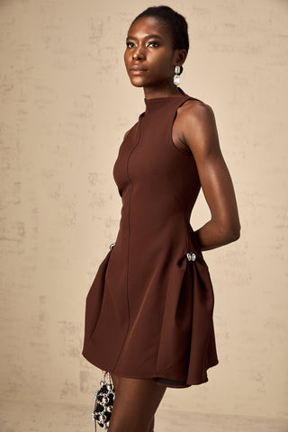 Dora Asymmetric Puff-Skirt Mini Dress — Brown