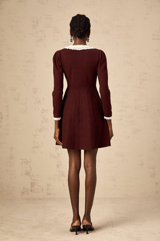Nova Bow and Ruffle Knit Mini Dress — Wine Red
