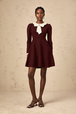 Nova Bow and Ruffle Knit Mini Dress — Wine Red