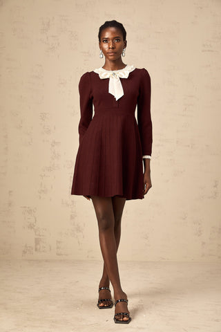 Nova Bow and Ruffle Knit Mini Dress — Wine Red