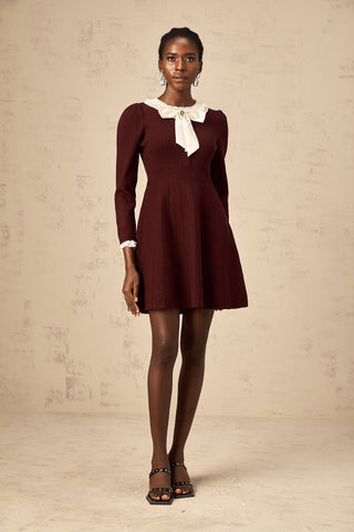 Nova Bow and Ruffle Knit Mini Dress — Wine Red