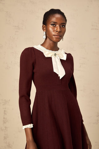Nova Bow and Ruffle Knit Mini Dress — Wine Red