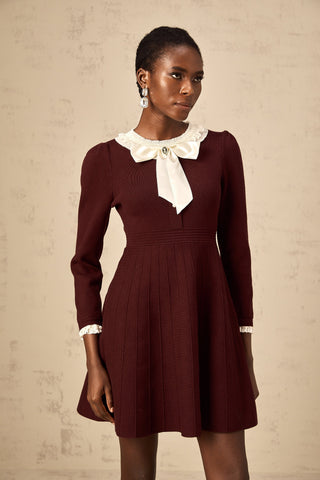 Nova Bow and Ruffle Knit Mini Dress — Wine Red