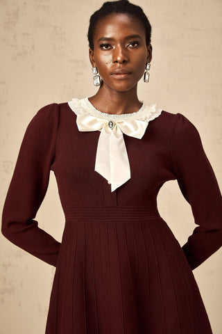 Nova Bow and Ruffle Knit Mini Dress — Wine Red