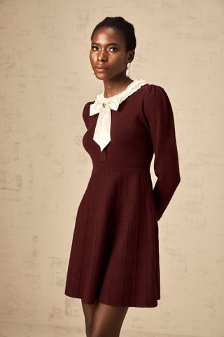 Nova Bow and Ruffle Knit Mini Dress — Wine Red
