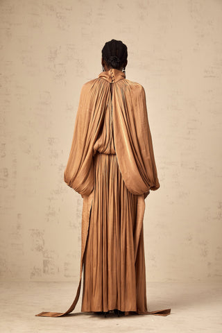 Mila Pleated Satin Maxi Dress — Brown