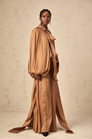 Mila Pleated Satin Maxi Dress — Brown