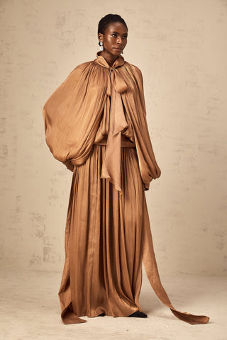 Mila Pleated Satin Maxi Dress — Brown