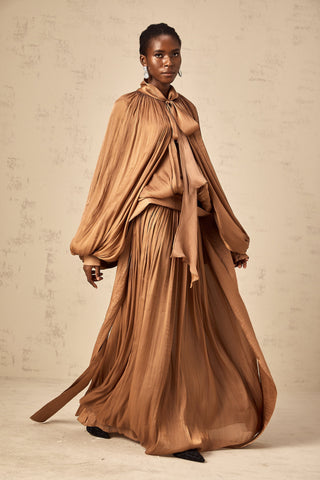 Mila Pleated Satin Maxi Dress — Brown