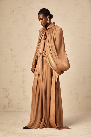Mila Pleated Satin Maxi Dress — Brown