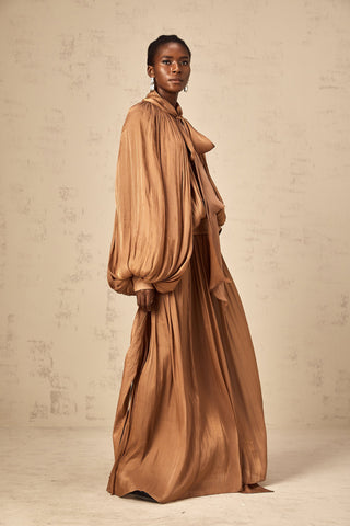 Mila Pleated Satin Maxi Dress — Brown