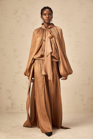 Mila Pleated Satin Maxi Dress — Brown