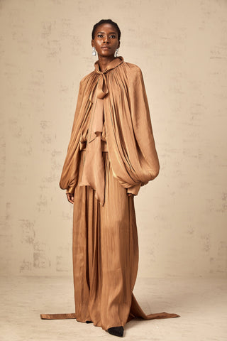 Mila Pleated Satin Maxi Dress — Brown