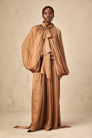 Mila Pleated Satin Maxi Dress — Brown